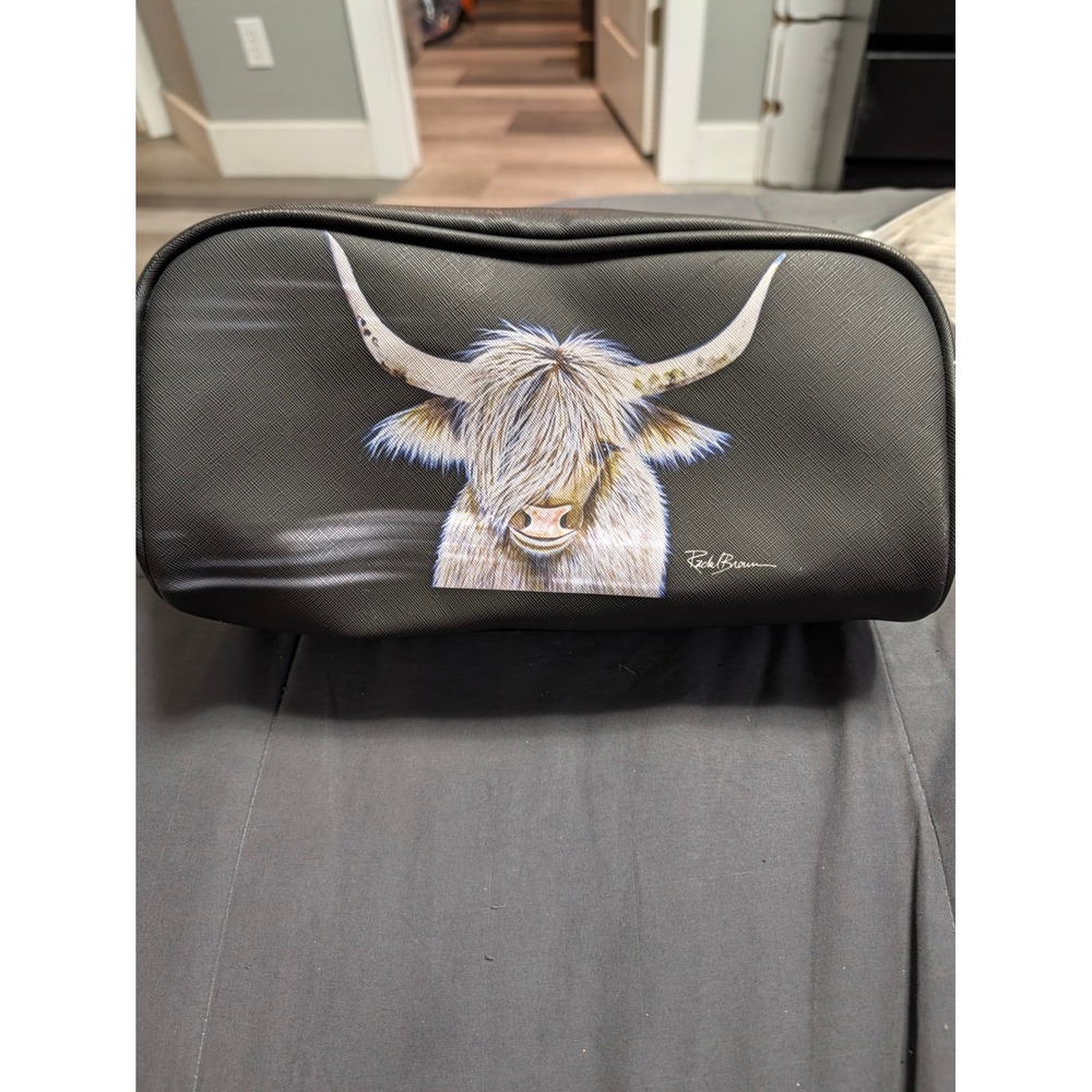 Rachel Brown Highland Cow Black Toiletry Bag Travel Cosmetic Case Gold Hardware